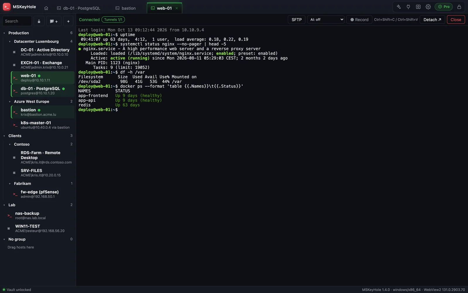 Trois sessions SSH ouvertes en onglets, avec SFTP, tunnels, enregistrement et détachement.